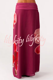 Sexy Deep V Backless Draped Camisole Top and Floral Print Chiffon Maxi Skirt Set