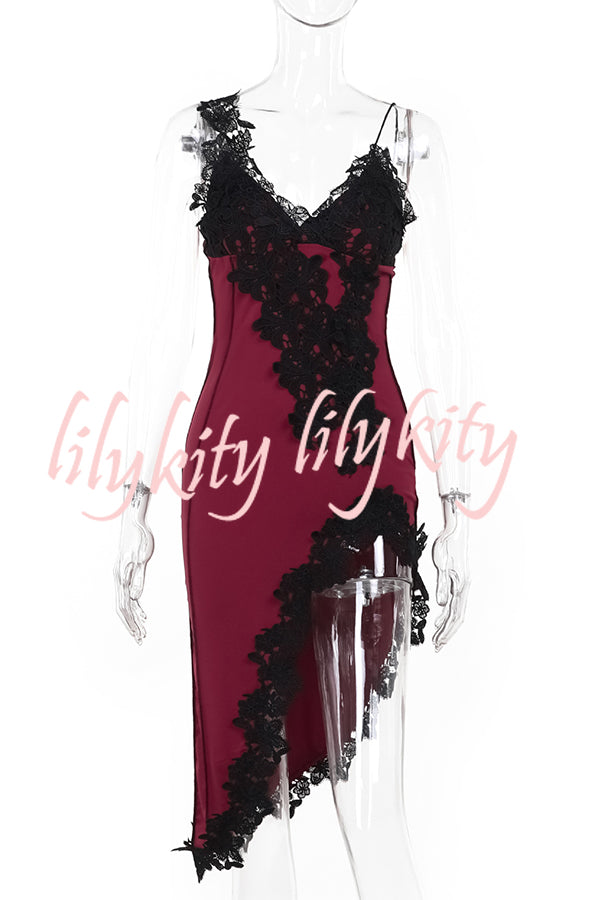 Sexy Lace Paneled Deep V Suspender Slim Midi Dress