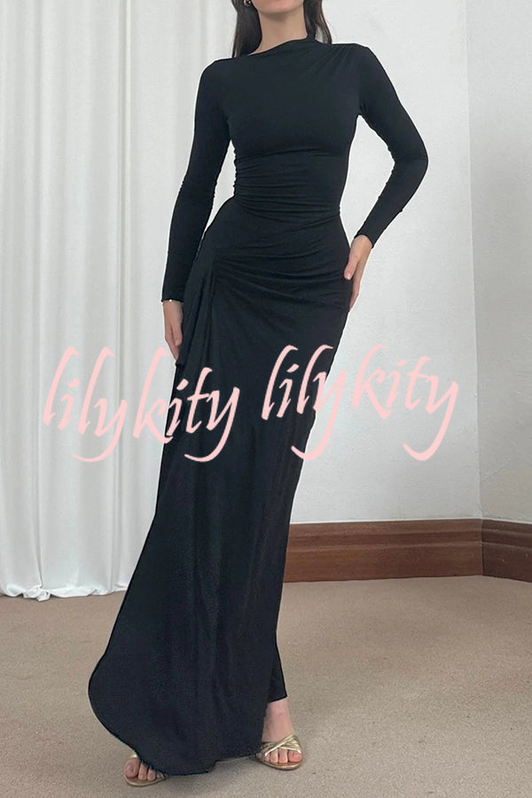 Venus Long Sleeve Ruched Side Slit Drape Ruffles Back Lace-up Stretch Maxi Dress