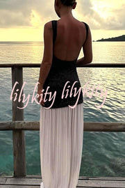 Sexy Backless Sleeveless Sequined Pleated Hem Maxi Dress