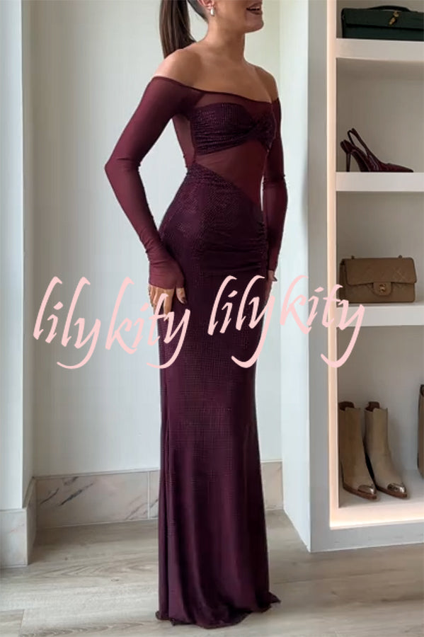 Forever Shimmering Sequin Mesh Patchwork Long Sleeve Strapless Stretch Maxi Dress