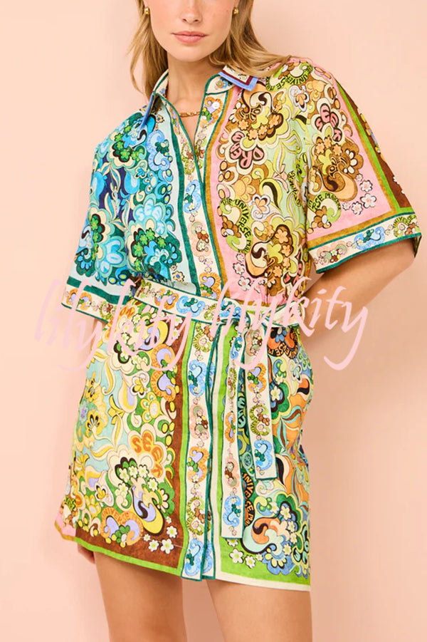 Sasha Linen Blend Unique Printed Shirt Style Tie-waist Mini Dress