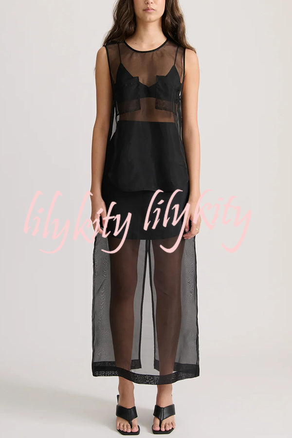 Embraces Modern Sheer Organza Pocket Oversized Tank and High Rise Slit Midi Skirt Set