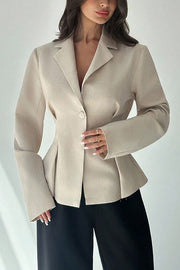 Solid Color Lapel Long Sleeve Fitted Waist Elegant Blazer