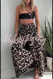 Stella Leopard Print High Rise Smocked Waist Pocketed Wide Leg Pants