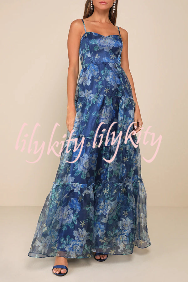 Exclusive Glamour Organza Floral Print Tiered Slip Maxi Dress