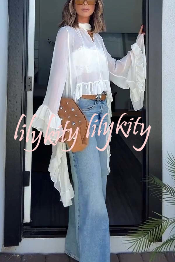 Flowy See-through Ruffle Tie-up Neck Bell Sleeve High-low Hem Cape Shirt