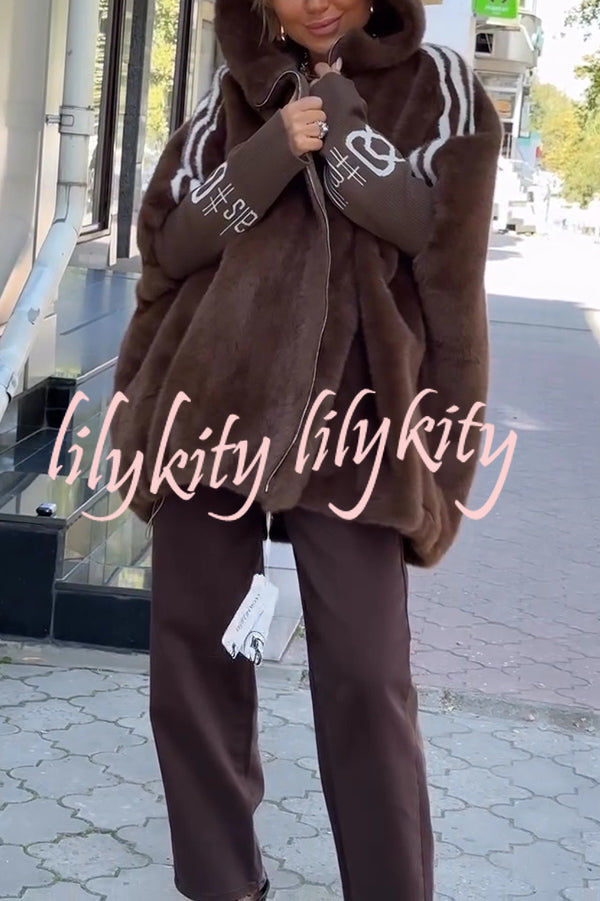 Fashion Sports Stripe Print and Ribbed Embroidered Long Sleeve Zipper Hooded Plush Coat