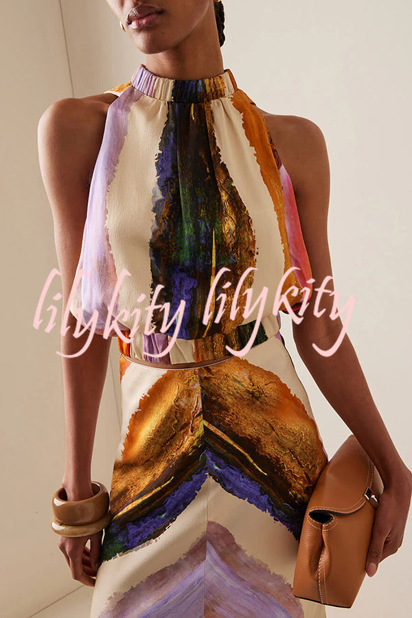 Unique Print Sleeveless Stretch Stand Collar Top and Elegant Maxi Skirt Set