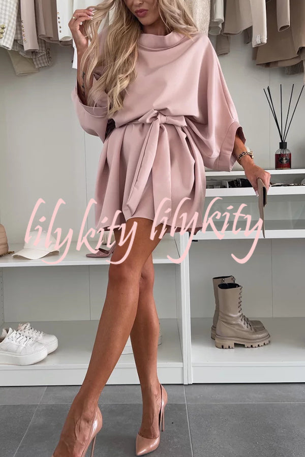 Solid Color Loose Round Neck Belted Mini Dress