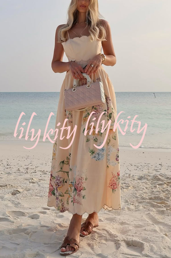 Cabo Sunsets Floral Print Petal Trim Back Lace-up Midi Dress