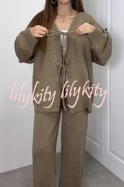 Solid Color V-neck Tie Long-sleeved Loose Knit Cardigan and Elastic Waist Casual Straight Leg Pants Set