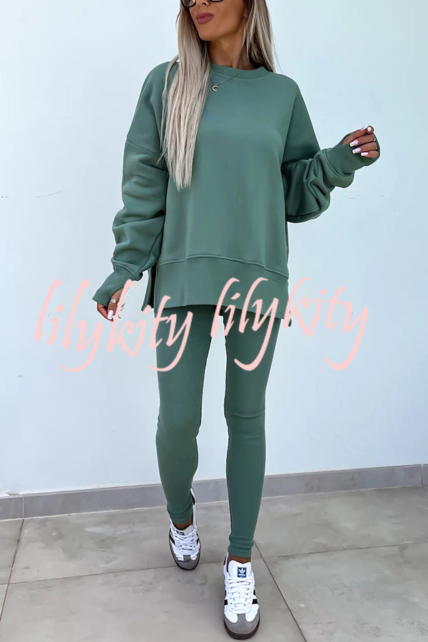 Solid Color Loose Long Sleeve SlitSweatshirt and Elastic Waist Tight Pants Set