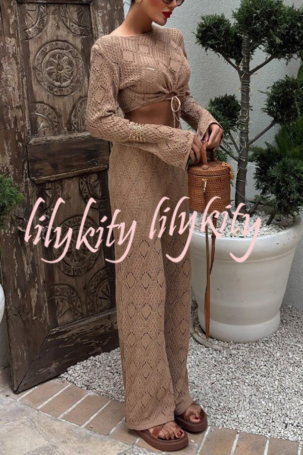 Solid Color Hollow Short Long-sleeved Top and Casual Stretch Wide-leg Pants Knitted Set