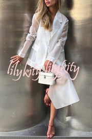Simple and Light See-through Fabric Tie-up Long Sleeve Pocket Lapel Blazer