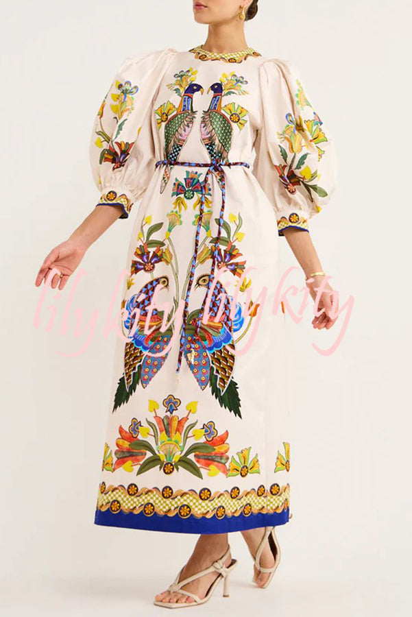 Garden Party Unique Heaven Bird Print Puff Sleeve Pocketed Loose Midi Dress