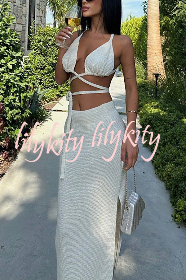 Solid Color Sexy Lace-up Swimsuit and Knitted Elastic Slit Beach Maxi Skirt Set