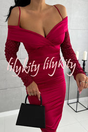 Christy Off Shoulder Mesh Glitter Sleeve Ruched Stretch Mini Dress