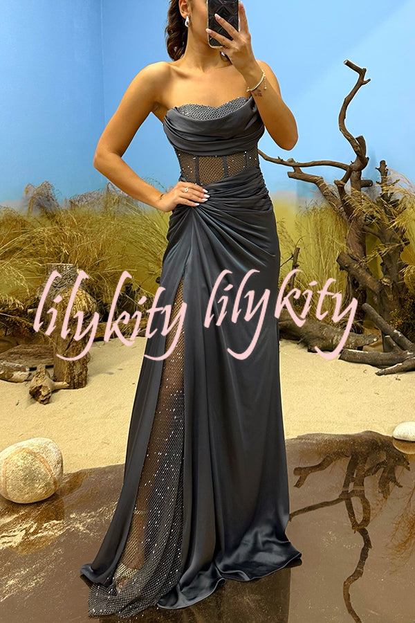 Essie Satin Rhinestone Patchwork Twist Waist Strapless Slit Maxi Dress