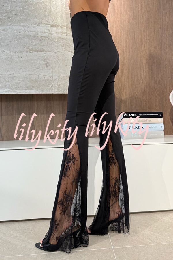 Dazzling Night High Waist Side Lace Hem Stretch Flare Pants