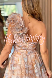 Romantic Ball Chiffon Floral One-shoulder Pleated Design Back Lace-up Gown Maxi Dress