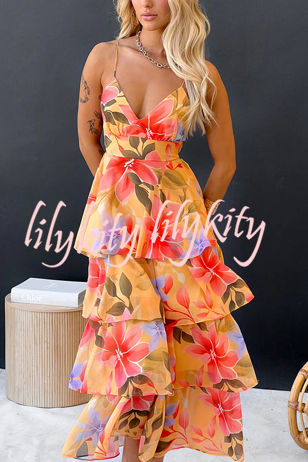 Dreamy Destiny Floral Print Elastic Back Tiered Maxi Dress