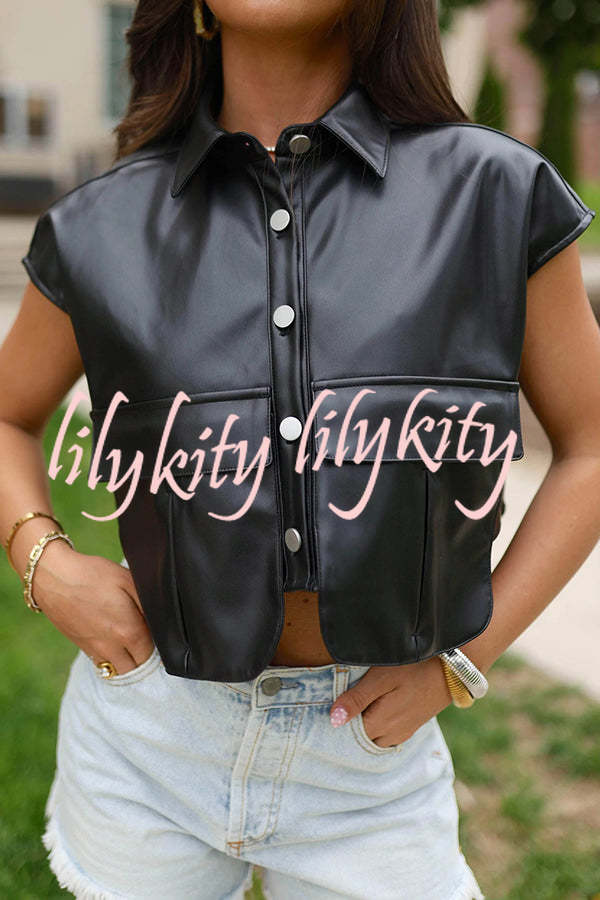 Fashion Faux Leather Pocket Sleeveless Cropped Jacket
