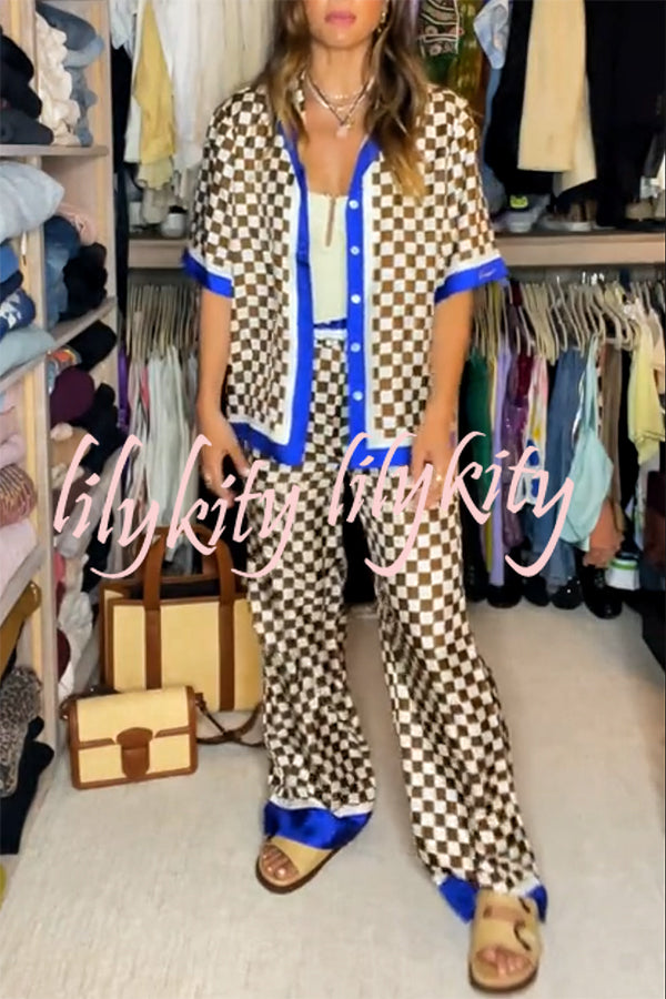 Olivia Satin Checkerboard Colorblock Print Shirt and Elastic Waist Pocketed Loose Pants Set