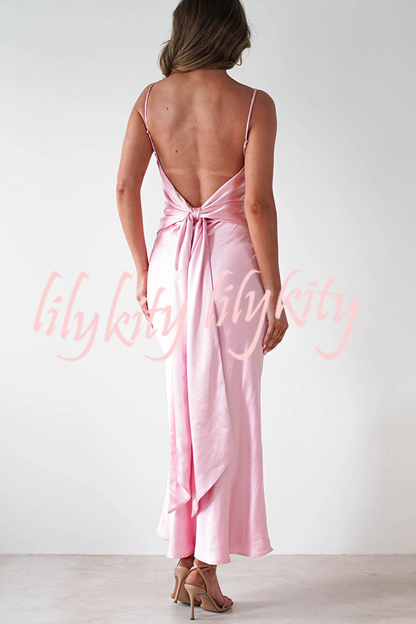 Satin Elegant Sling Backless Lace-Up Midi Dress