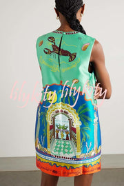 Natural Beauty Satin Unique Print Sleeveless H-line Mini Dress