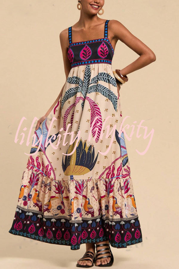 Bohemian Tropical Print Backless Casual Resort Maxi Dress