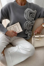Solid Color 3D Floral Loose Long-sleeved Knit Sweater