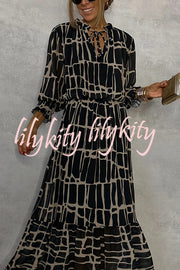 Unique Printed V-neck Tie-up Waist Long-sleeve Maxi Dress