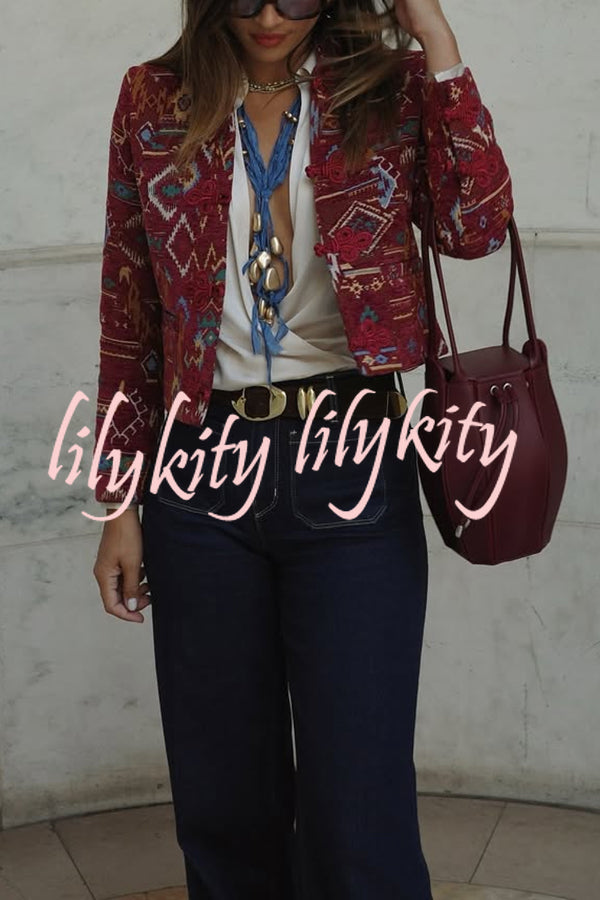 Vintage Bohemian Printed Chinese Style Buttons Long Sleeve Crop Jacket