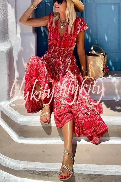Summer in Greece Boho Print Ruffle Sleeve Elastic Waist High-low Midi Dress