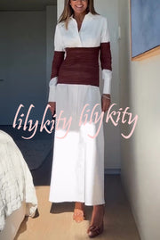 Fashionable Pleated Contrast Patchwork Waist Long Sleeve Button Shirt Maxi Dress