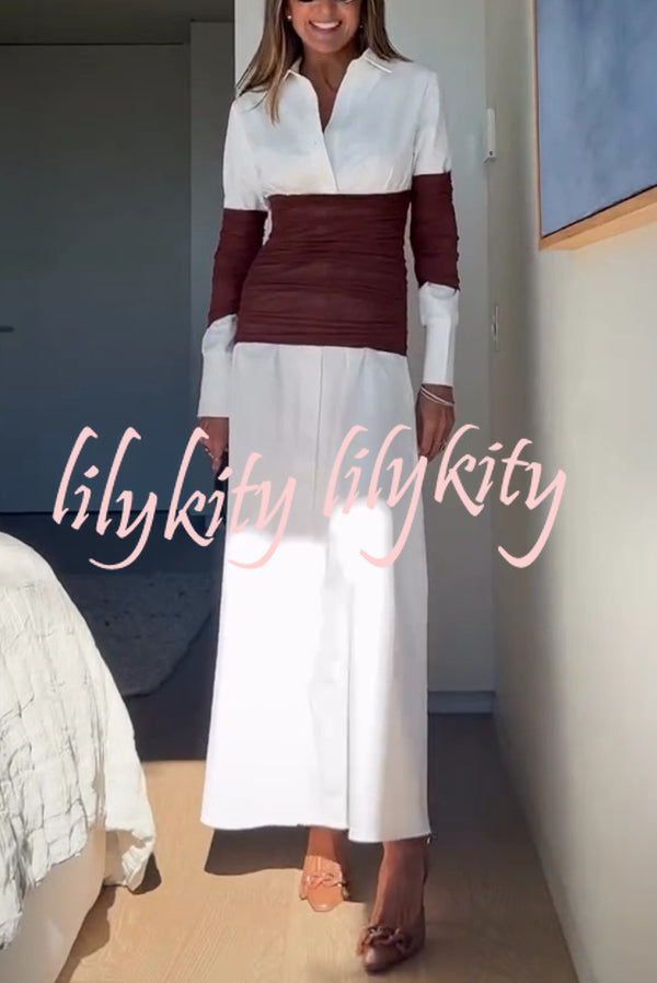 Fashionable Pleated Contrast Patchwork Waist Long Sleeve Button Shirt Maxi Dress