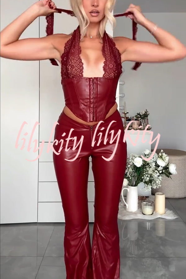 Style Challenge Stretch Faux Leather Lace Halter Tank and Zipper Waist Flare Pants Set