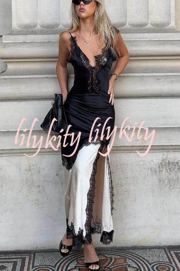 Soft and Romantic Satin Lace Trim Colorblock V-neck Side Slit Maxi Dress