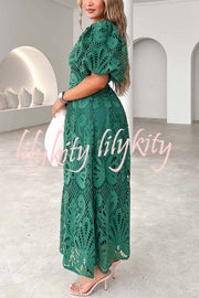 Solid Color V-neck Waist Slim Fit Hollow Lace Maxi Dress