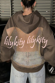 Fashionable Shiny Mesh Hollow Back Loose Long-sleeved Hooded Sweatshirt
