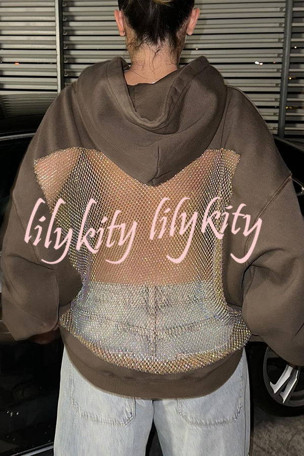 Fashionable Shiny Mesh Hollow Back Loose Long-sleeved Hooded Sweatshirt