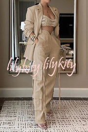 Stylish Lapel Long Sleeve Loose Jacket and Casual Pocket Lace-up Straight Leg Pants Set