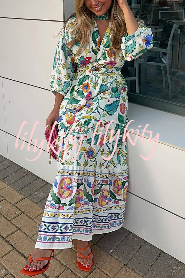 Botanical Floral Print V-neck Cutout Lace-up Elastic Waist Maxi Dress