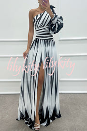 Purely Charming Printed Rose Pendant One Shoulder Pleated Slit Maxi Dress