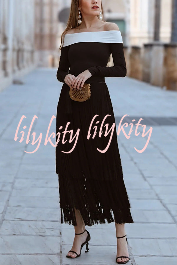 Elegant Tassel Hem Elastic Waist Casual Maxi Skirt