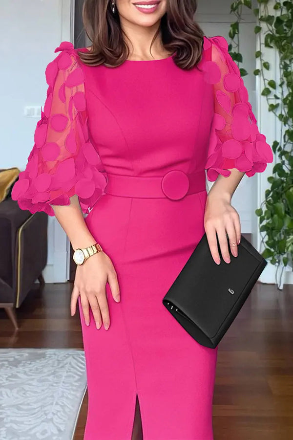 Solid Color Polka Dot Lantern Sleeve Slim High Waist Midi Dress