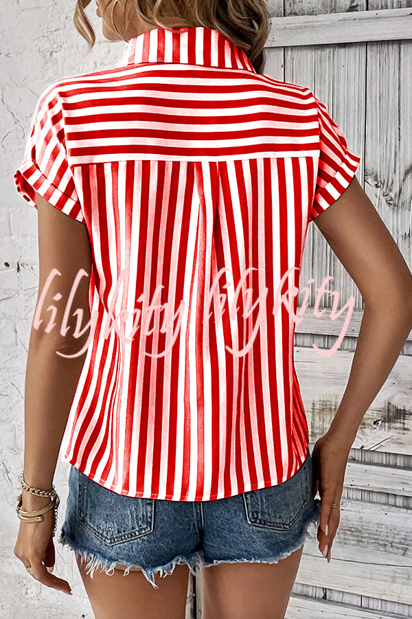 Striped Print Short Sleeve Pocket Shirt Top