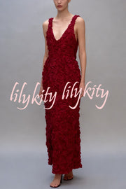 Three-dimensional Flower Sexy V-neck Slim Maxi Dress