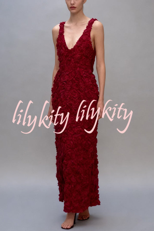 Three-dimensional Flower Sexy V-neck Slim Maxi Dress